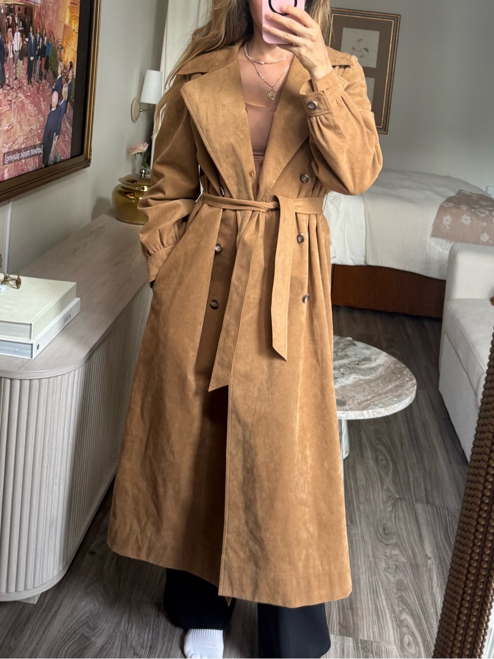 Vintage John Hogan California Ultrasuede Camel Maxi Trench Coat Belted